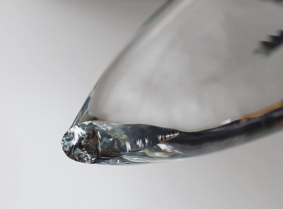 A large Murano Sommerso glass double Dolphin sculpture by Oscar Zanetti, engraved signature and paper label, minor faults to one dolphin, 61cm high